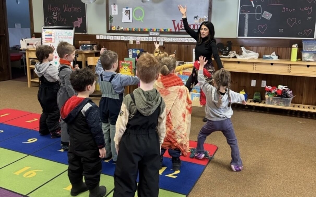 Preschool students learning Bollywood dance with a parent volunteer at Canterbury Creek Farm Preschool.